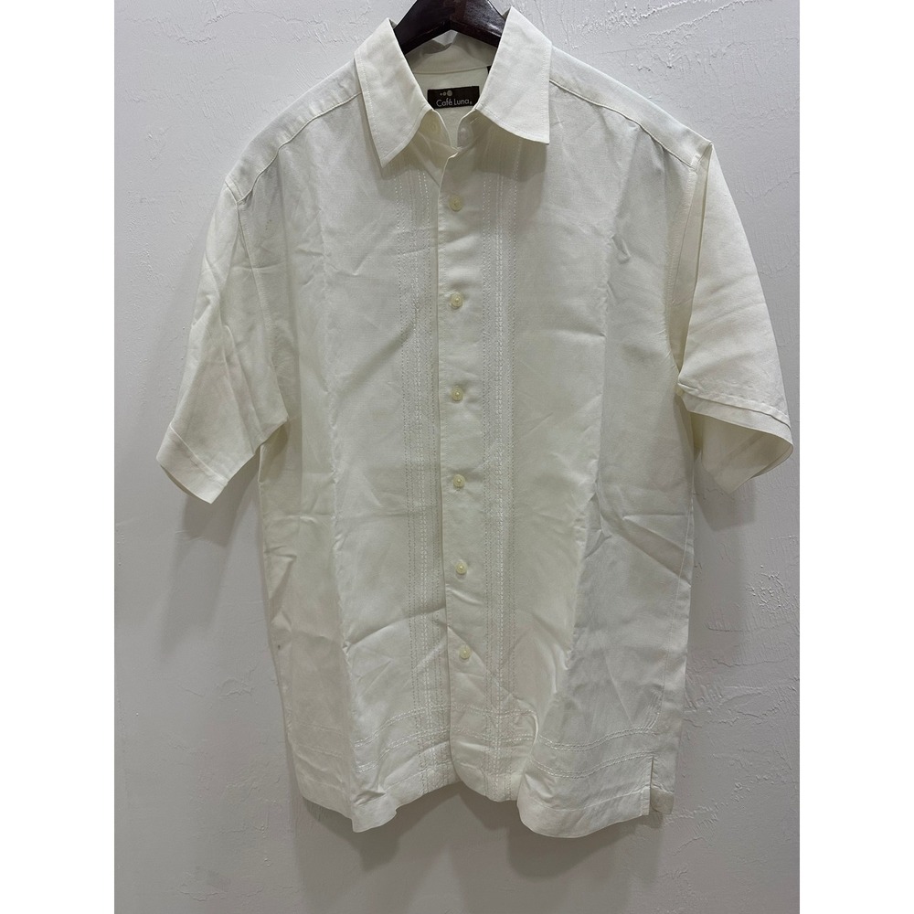 Cafe Luna Mens Guayabera Shirt Medium Off White Ramie Rayon Short Sleeve Pleated